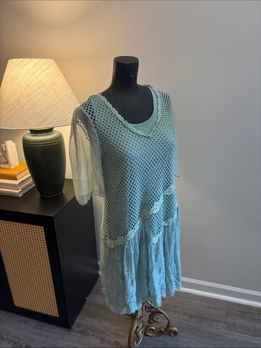 Pretty Angel 53% Silk Forest Fairycore Ethereal Mint Lace & Mesh Mini Dress SM - Picture 6 of 13